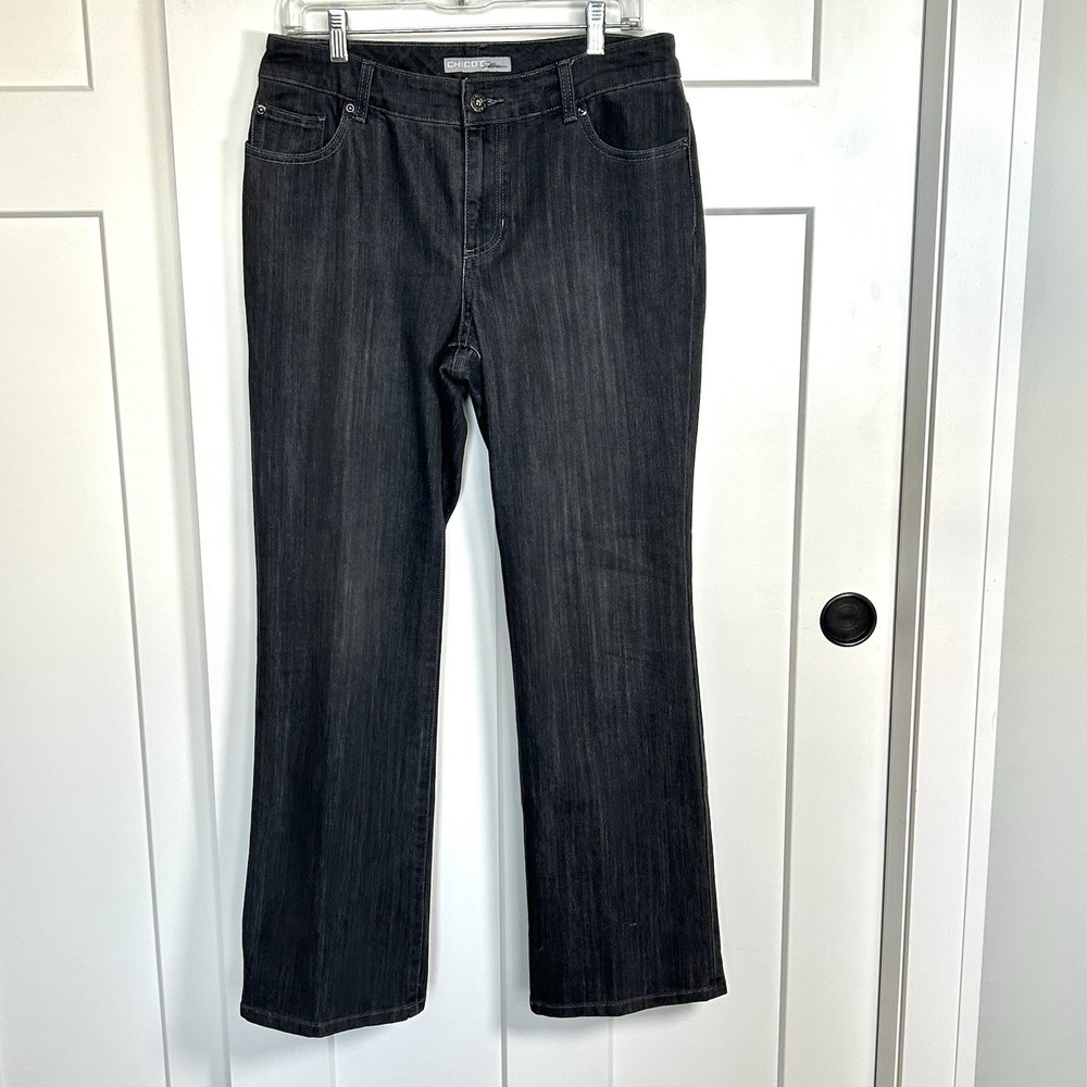 Chicos Black Platinum Jeans Sz 1 Short | Women's 8/10 | Straight Stretch Hi/Rise